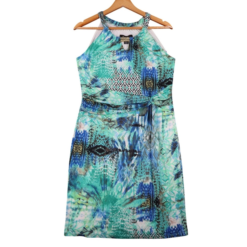 Dusak Designs Halter Dress Medium Teal Blue Abstract Print Keyhole Sheath Canada